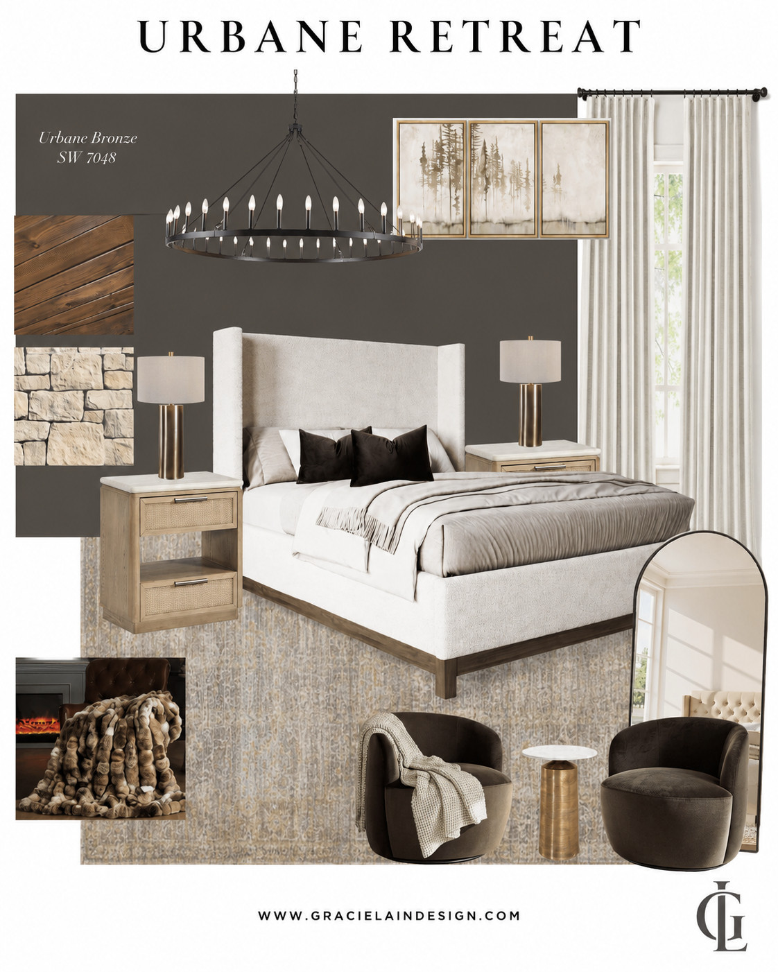 **URBANE RETREAT**

Moody, warm, and layered with texture — this bedroom mixes Urbane Bronze, soft neutrals, natural wood, woven details, and sculptural lighting for a space that feels cozy without feeling heavy.

The contrast of deep charcoal tones with creamy upholstery, warm brass, and organic materials gives this room that perfect collected, elevated feel.

Shop the look in my LTK. 🤎

#BedroomDesign #InteriorDesign #ModernRustic #OrganicModern #WarmNeutrals #MoodyInteriors #UrbaneBronze #BedroomInspo #LTKHome #GracieLainDesign
 

 #LTKselfcare #LTKHome #LTKSaleAlert