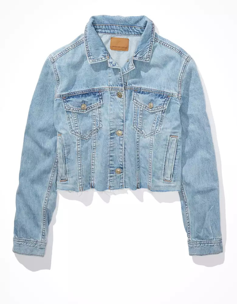AE Cropped Denim Raw Hem Denim Jacket | American Eagle Outfitters (US & CA)