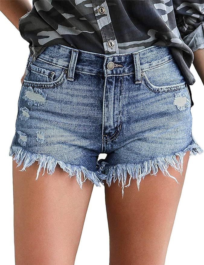 MODARANI Cut Off Denim Shorts for Women Frayed Distressed Jean Short Cute Mid Rise Ripped Hot Sho... | Amazon (US)
