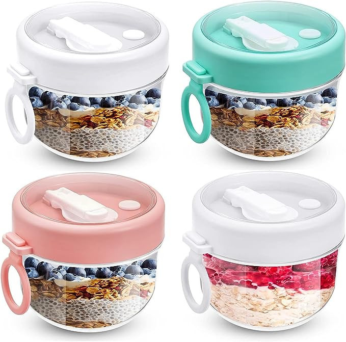 4 PCS Overnight Oat Containers with Lids and Spoons, Portable Plastic Yogurt Jars, 20oz Leak-proo... | Amazon (US)