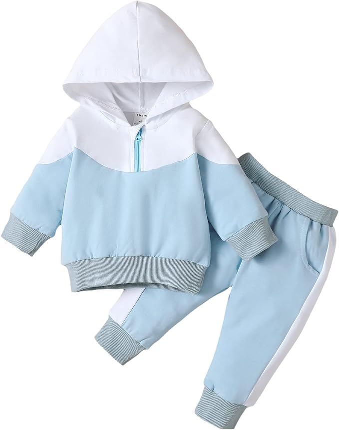 2 Pcs Infant Baby Suit Set Contrast Color Long Sleeve Hooded Tops with Zipper + Long Pants 0-18 M... | Amazon (US)