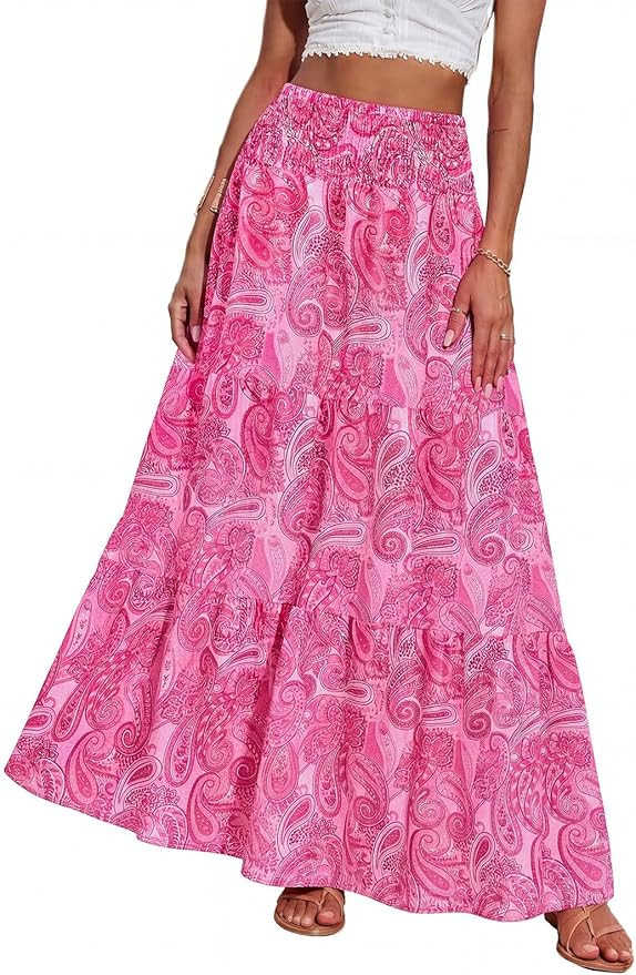 PRETTYGARDEN Summer Boho Floral Maxi Skirts for Women 2026 Elastic High Waist Flowy Beach Vacatio... | Amazon (US)