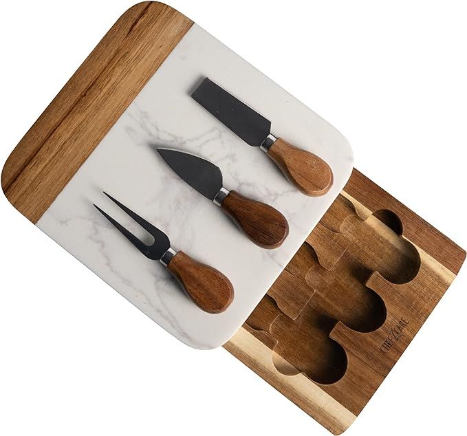 Cheezcare Cheese Board Marble & Acacia Wood Tray with 3-Knife Set - Gourmet Charcuterie for 2-6 P... | Amazon (US)