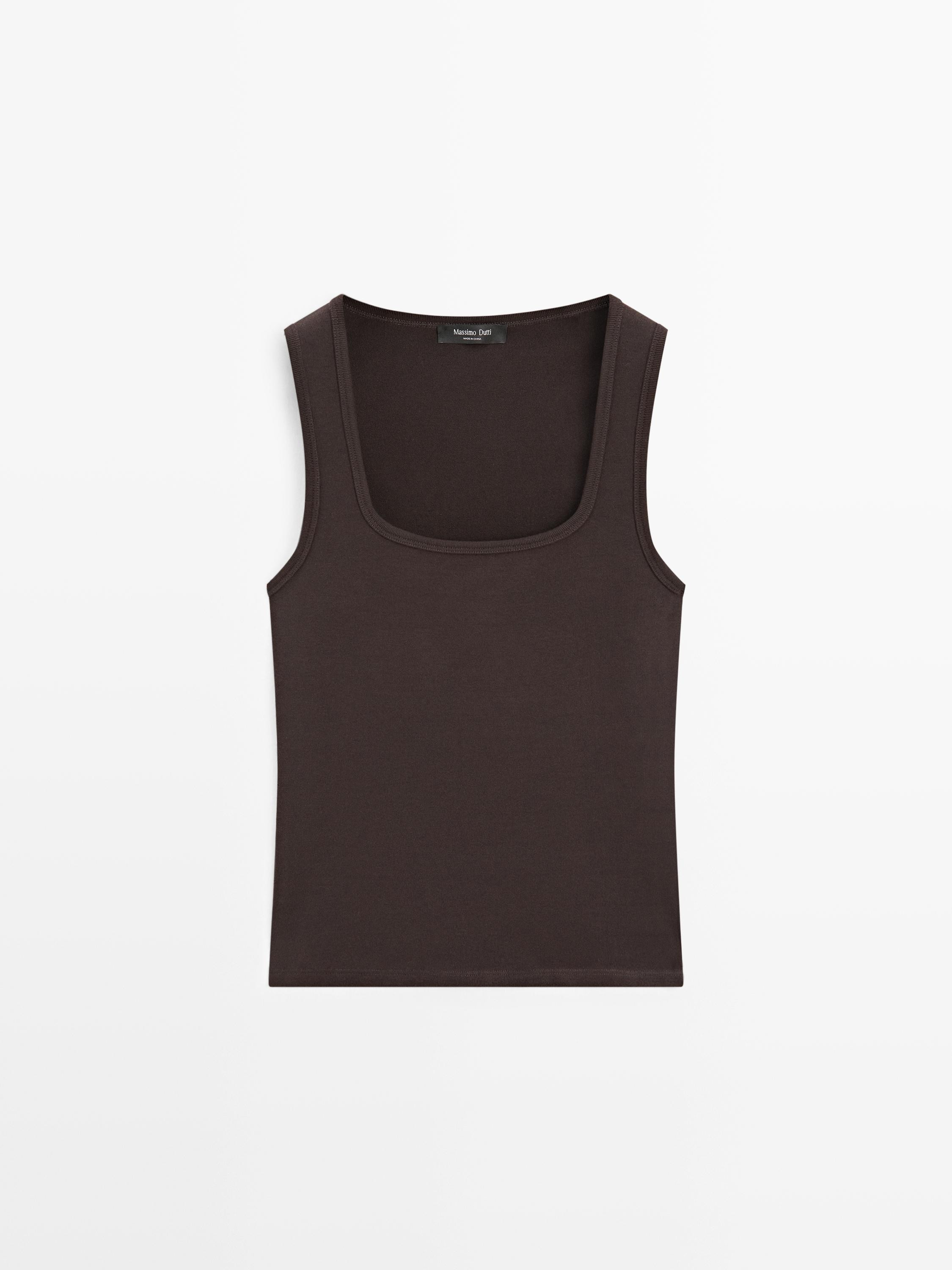 Sleeveless top with square neckline \u00b7 Brown, Off White \u00b7 T-shirt | Massimo Dutti | Massimo Dutti UK