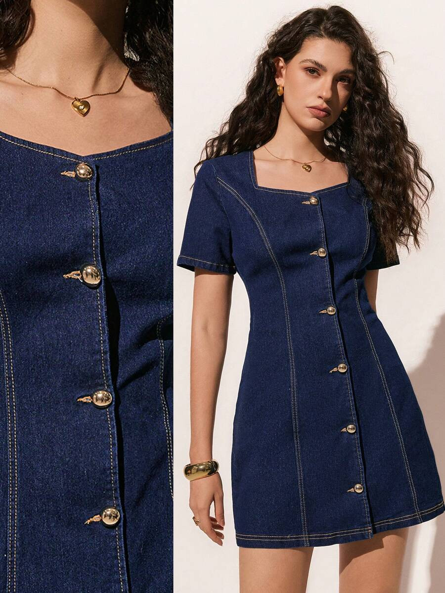 Poéselle Women's Denim Dress,Retro Chic Button-Waist Midi Navy Blue Denim Dress,Short Sleeve Ele... | SHEIN