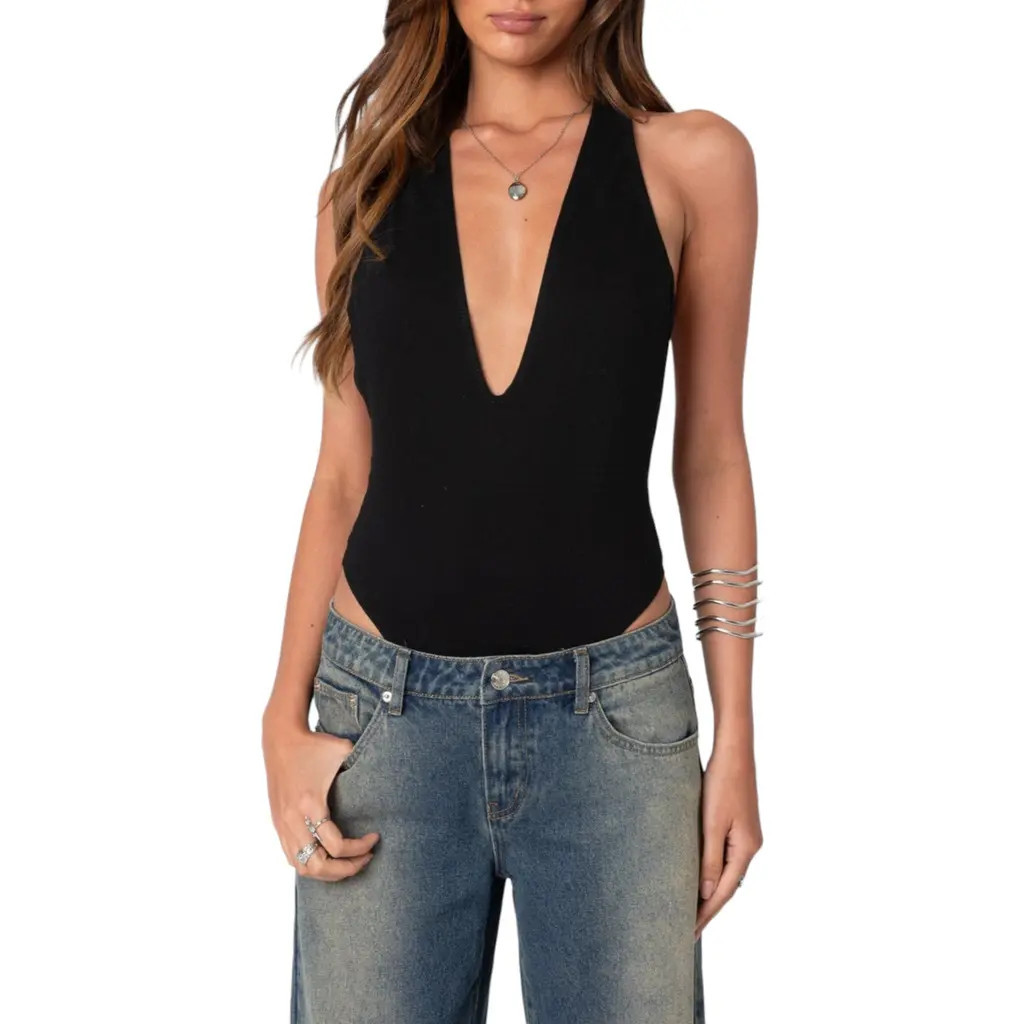 EDIKTED Plunge Neck Halter Bodysuit in Black at Nordstrom, Size Small | Nordstrom