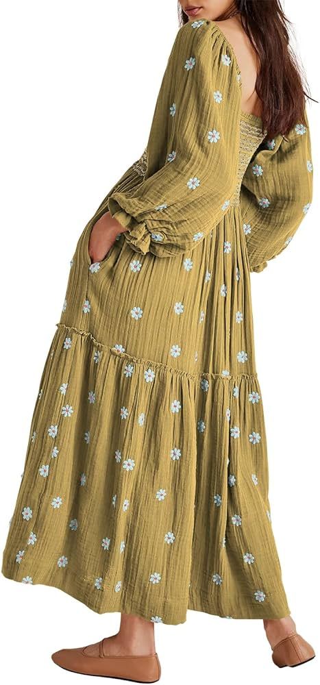 Shy Velvet Women's Summer Dresses 2024 Maxi Dress Long Sleeve Square Neck Embroidered Maxi Dress | Amazon (US)