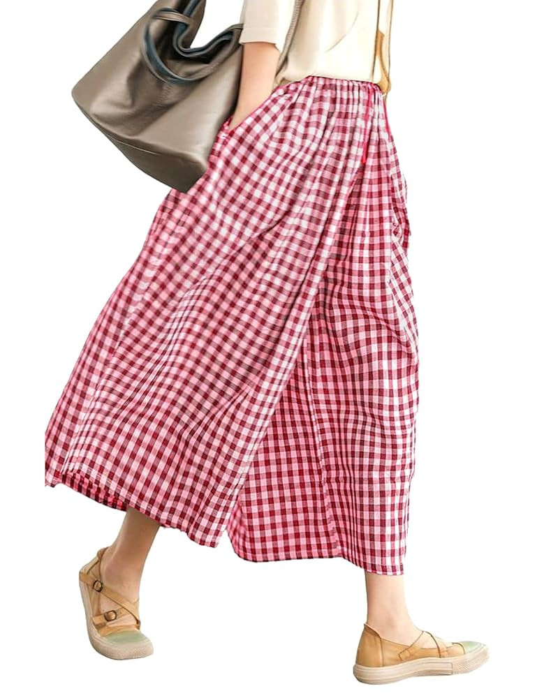 LOMON Womens Wide Leg Capri Pants Cotton Gingham Plaid Culottes Summer Elastic Waist Palazzo Trou... | Amazon (US)