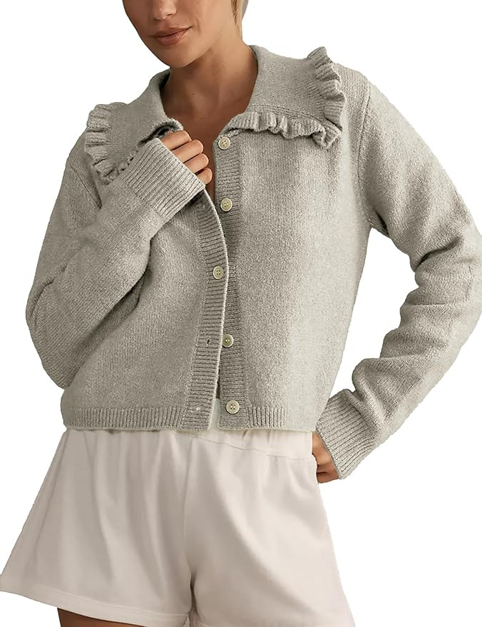Womens Ruffle Cropped Cardigan Open Front Outerwear Elegant Long Sleeve Knitted Sweater Solid But... | Amazon (US)