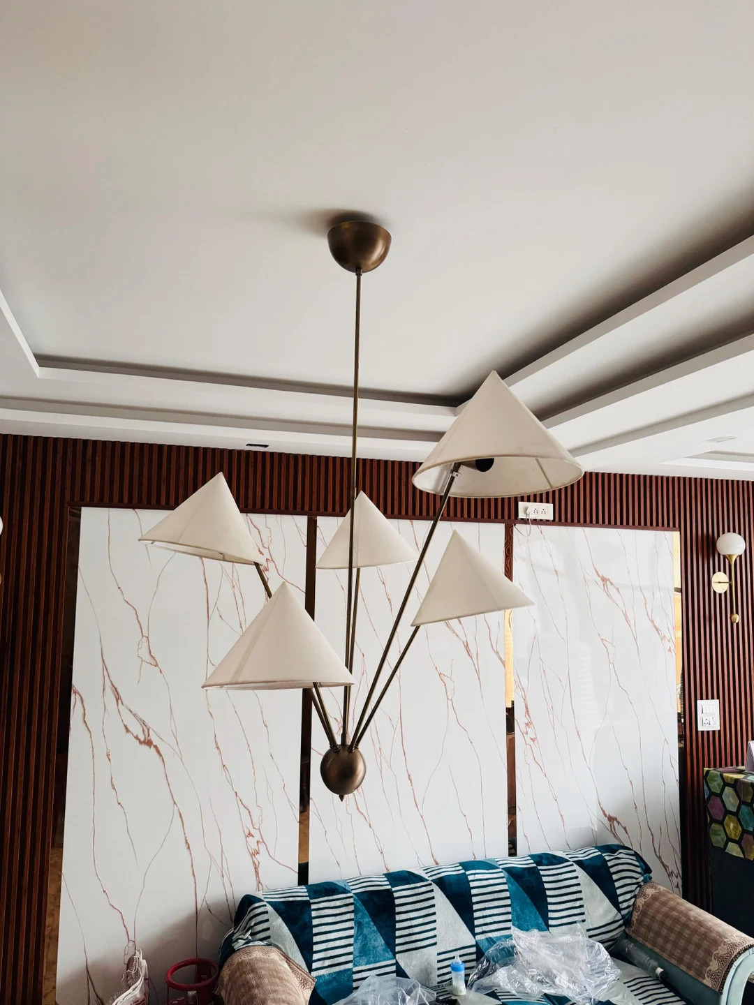 5 Arms Beautiful Hand Crafted Brass Sputnik Chandelier Modern Linen Shades Chandelier Light Fixtu... | Etsy (US)