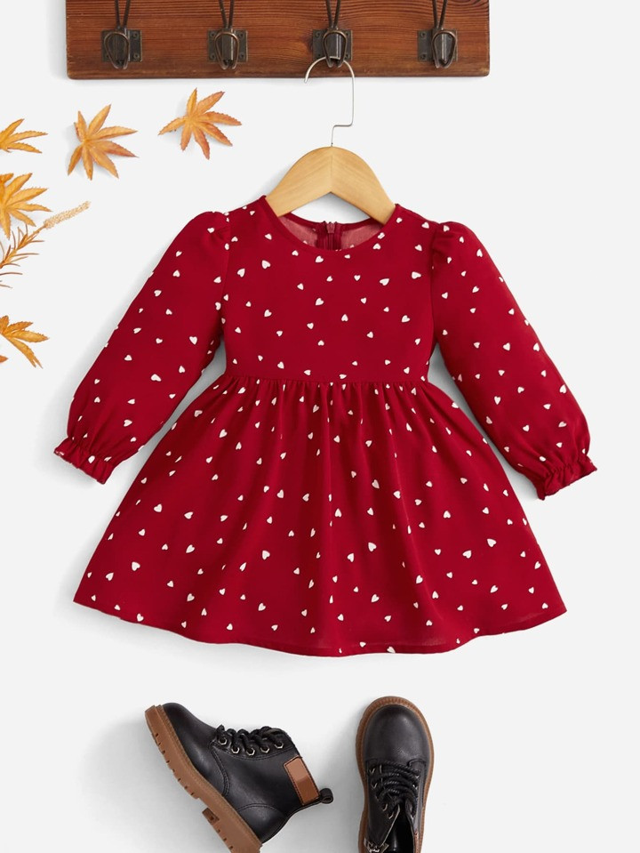 SHEIN Baby Girl Confetti Heart Print Flounce Sleeve Dress | SHEIN