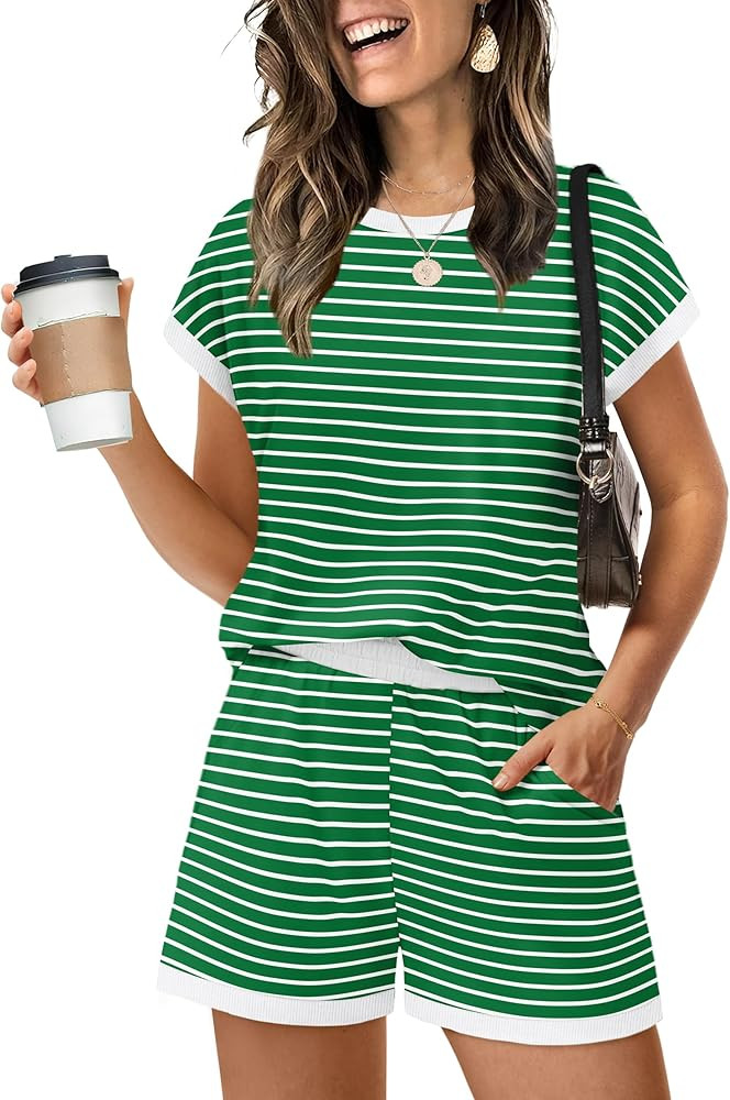 WIHOLL Two Piece Sets for Women Summer Lounge Short Sets Cap Sleeve Crew Neck Sweatsuit with Pock... | Amazon (US)