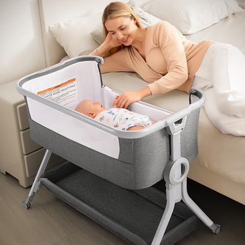 Larex Baby Bassinet, Baby Bassinet Bedside Sleeper with Storage Basket and Wheels, Height Adjustable Portable Crib for Newborn Infant, Easy Assemble and Folding(Grey) | Amazon (US)