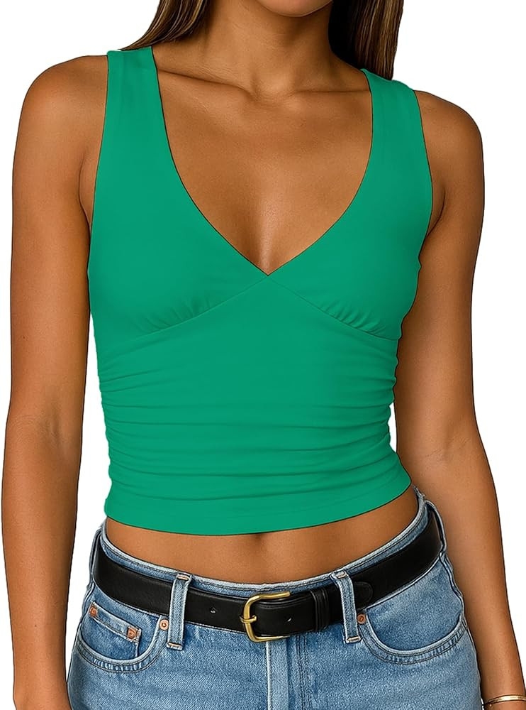 ForeFair Womens Deep V Neck Crop Tank Tops Going Out Double Lined Sexy Crop Top Sleeveless Slim F... | Amazon (US)