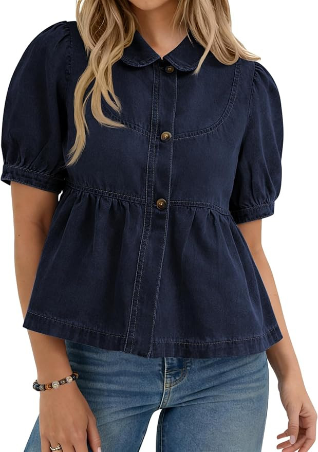 Yousify Womens Button Down Denim Shirts Short Puff Sleeve Babydoll Peplum Casual Jean Tops Summer... | Amazon (US)
