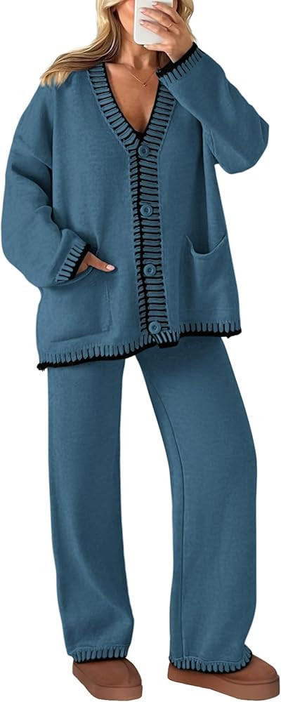 PRETTYGARDEN Women's 2 Piece Outfits Knit Matching Lounge Sets Long Sleeve V Neck Cardigan Sweate... | Amazon (US)
