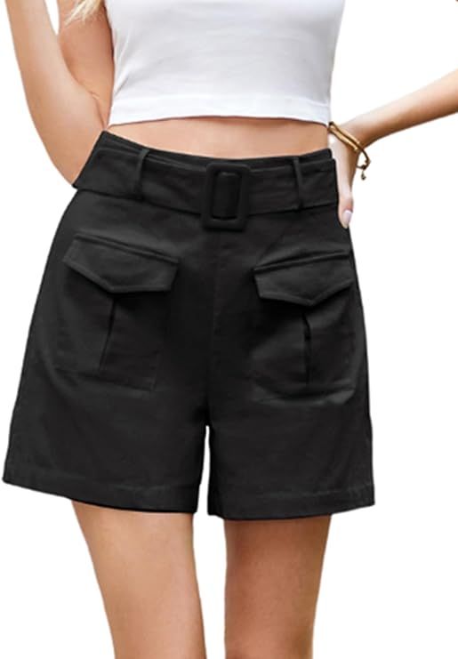 Kate Kasin Women's Casual Shorts Elastic High Waisted Pocket Front Wide Leg Vintage Cargo Shorts ... | Amazon (US)