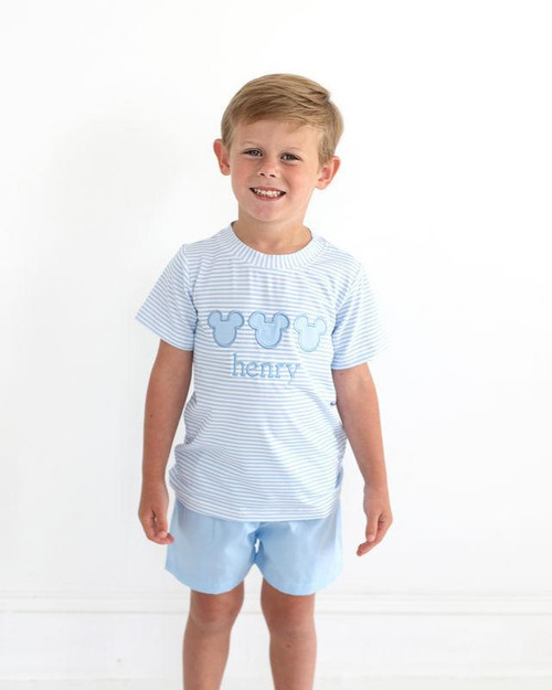 Blue Striped Applique Mouse Ears Short Set | Cecil and Lou