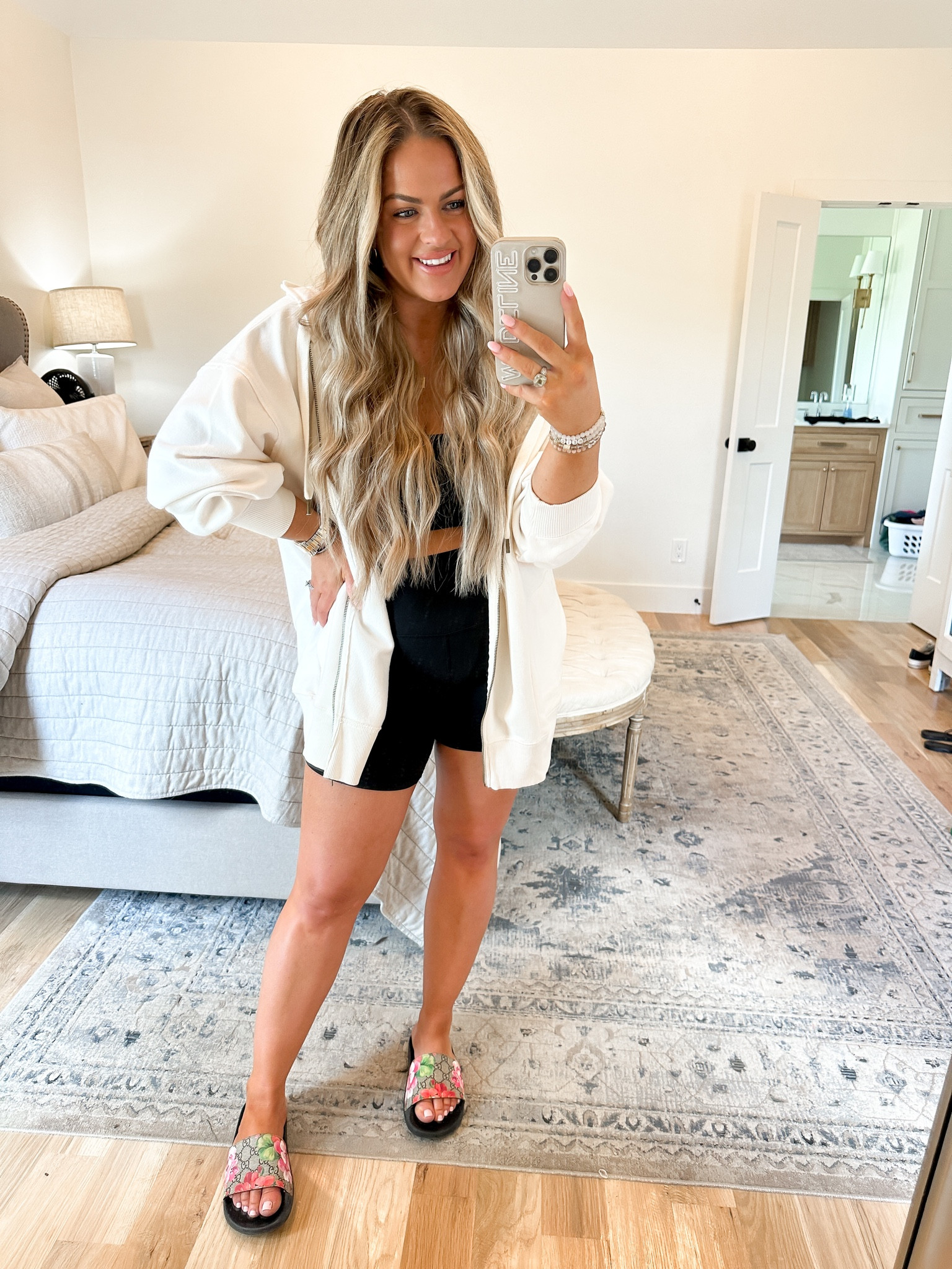 Cozy travel outfit // biker shorts, hoodie and bra top with slides! 

SIZE INFO 👇🏼
Hoodie: L/XL
Biker Shorts: 10
Bra: Large
Shoes: 9 size up if in between sizes 

#LTKstyletip #LTKunder100 #LTKtravel