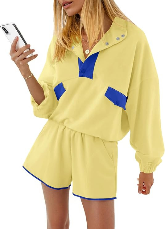 Fisoew Womens 2 Piece Sets Sweatsuits Casual Half Button Color Block Sweatshirts Running Shorts T... | Amazon (US)