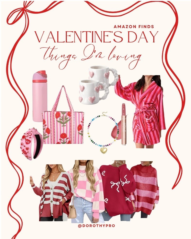 Things I’m loving! 💝 Valentine’s Day finds from Amazon! Love these red & pink valentines sweaters, robes, heart mugs, heart necklaces , rose tote bag, xo headbands and pink owala water bottle. Great teacher gift ideas or gift for girlfriends! Also great for a favorites things party or galentines dinner! 

#LTKSeasonal #LTKValentine #LTKSaleAlert