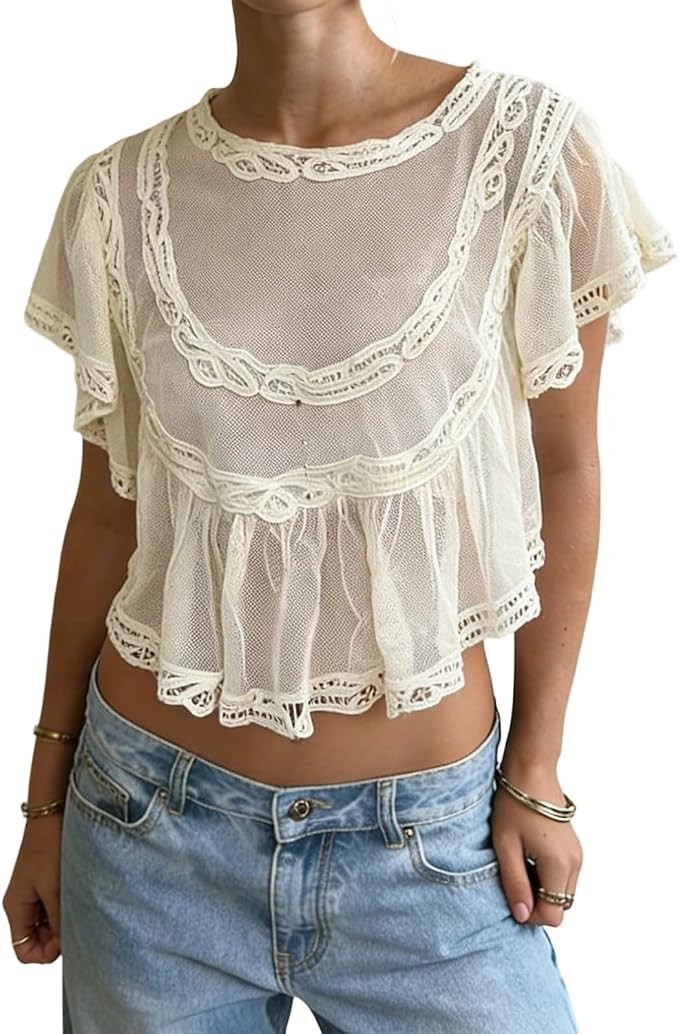 Women's Sheer Lace Cropped Top, Ruffle Sleeve Mesh Blouse, Y2K See Through Summer Poncho, Beach C... | Amazon (US)