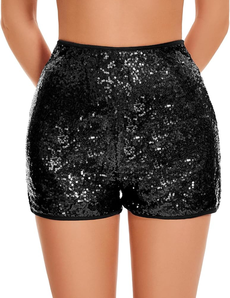 Women's Sparkle Sequin Shorts Elastic High-Waisted Glitter Booty Shorts for Parties and Festivals | Amazon (US)