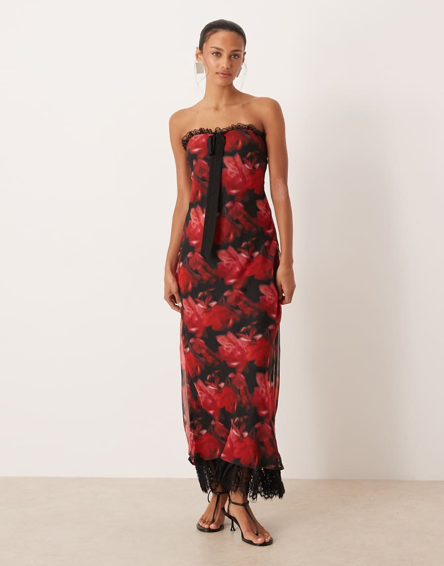 For Love & Lemons chiffon bandeau open back maxi dress in red floral print | ASOS (Global)