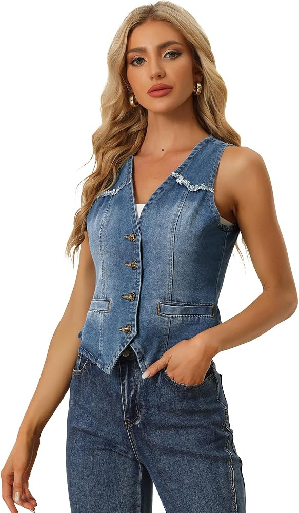 Allegra K Denim Vest for Women's Sleeveless V Neck Washed Distressed Jean Jacket | Amazon (US)