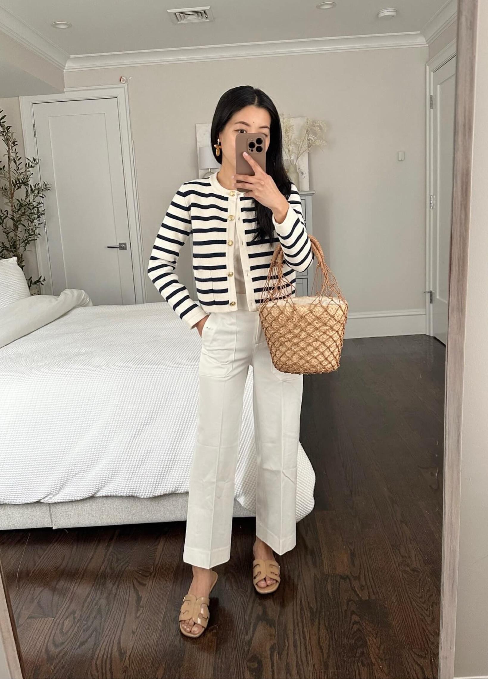 •J.Crew wide leg pants 00 petite - very flattering and the cotton material isn’t too thin and has stretch and structure. Waist and hips are pretty fitted on me.
•J.Crew sweater jacket xxs - absolutely love this for spring and summer and want it in black too! High quality cotton knit. Styled it casually here for weekend wear but is also very polished for work outfits 
•J.Crew basket bag - so glad they brought this back! A great summer bag and the lining keeps things secure 

#LTKworkwear #LTKSeasonal