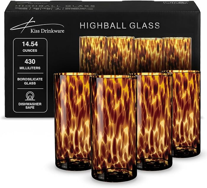 Joseph Sedgh Collection Tortoise Shell Highball Glass Set of 4 \u2013 14.54 oz Borosilicate Cockt... | Amazon (US)