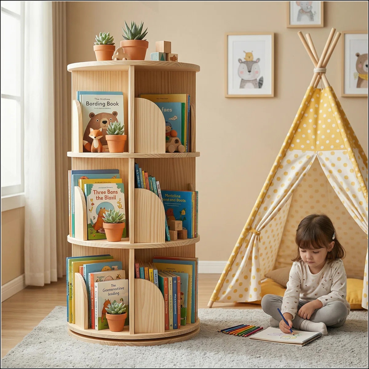 3 Tier Rotating Bookshelf, Round Floor Standing Bookcase with 360° Spinning Design for Home | Wayfair North America