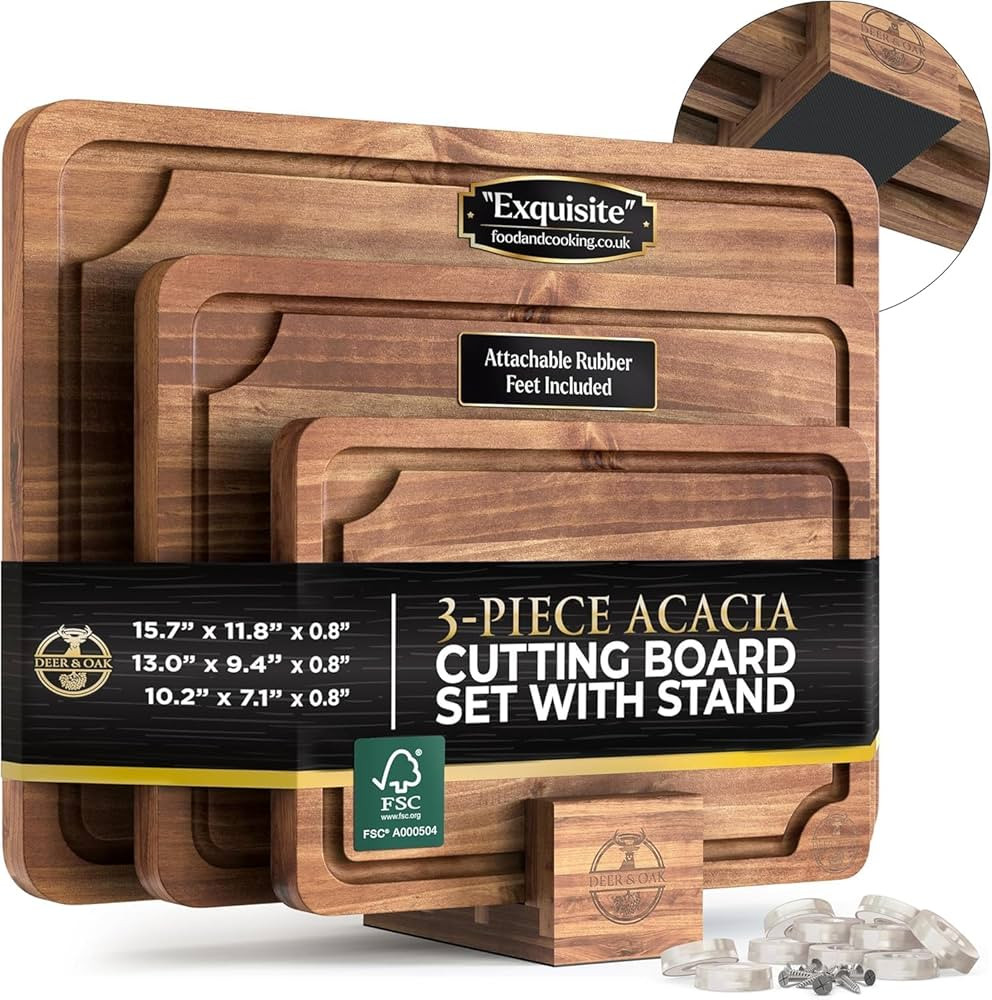 Pre-Oiled, Non Toxic 3-Piece Acacia Cutting Board Set with Stand, FSC Certified Wooden Chopping B... | Amazon (US)