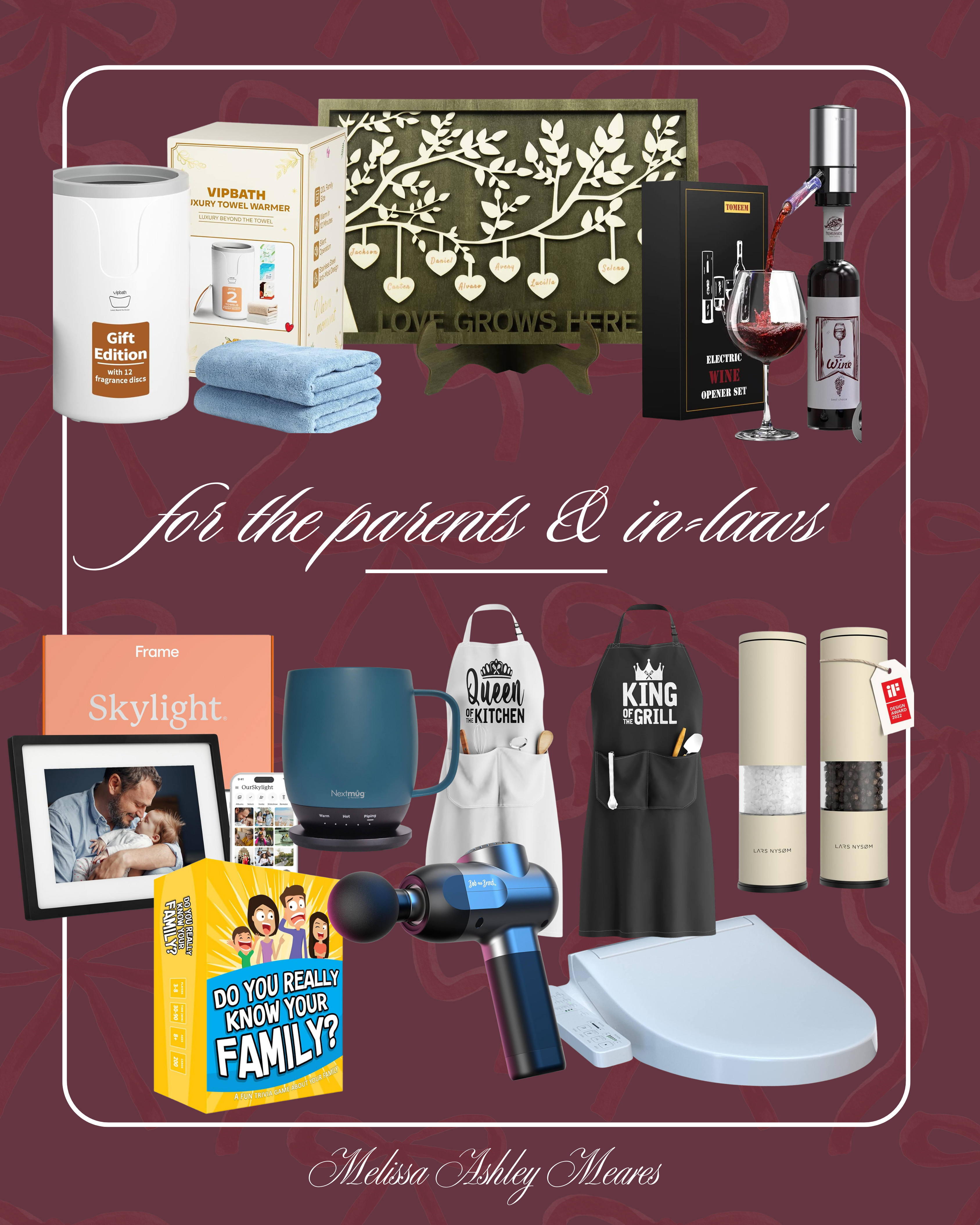 Gift Guide: PARENTS & IN-LAWS 🎁
This one can be really tricky, but I pulled together thoughtful, useful, and elevated gifts they’ll actually enjoy — no generic mugs or last-minute panic buys 😉

nextmug, mug warmer, salt and pepper grinders, towel warmer, electric wine aerator, toto washlet, toto bidet, secura electric wine opener, herb grow kit, apron, personalized family sign, games for families, massage gun, bob and brad massage gun, skylight frame, digital picture frame

 

 #LTKGiftGuide #LTKHoliday #LTKMens