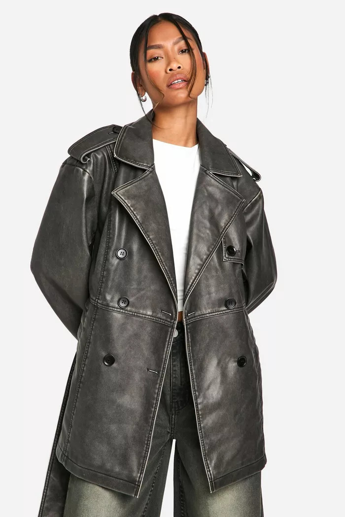 Short Vintage Look Faux Leather Trench Coat | Boohoo.com (UK & IE)