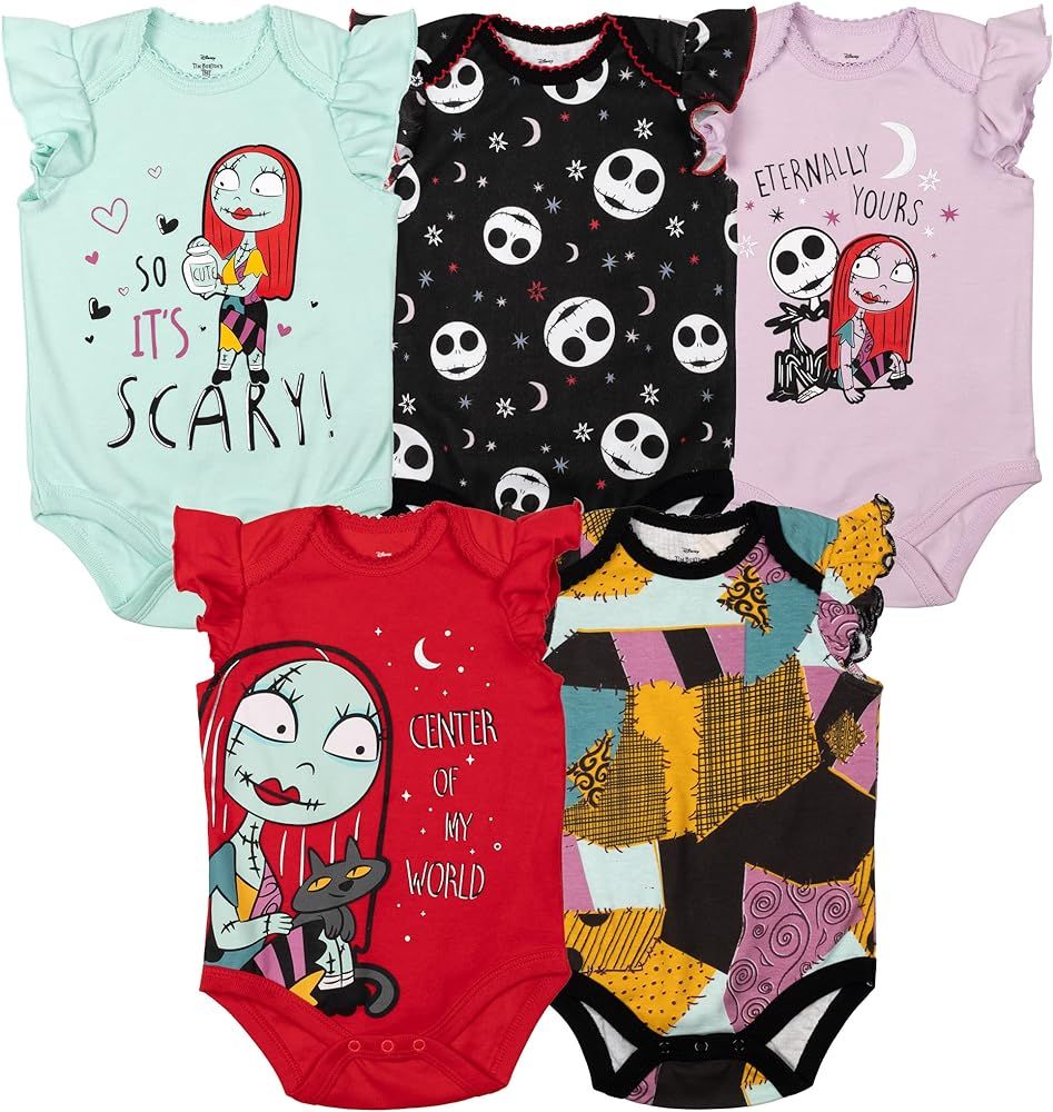 Disney Nightmare Before Christmas Sally Jack Skellington Baby Girls 5 Pack Bodysuits Newborn to Infa | Amazon (US)