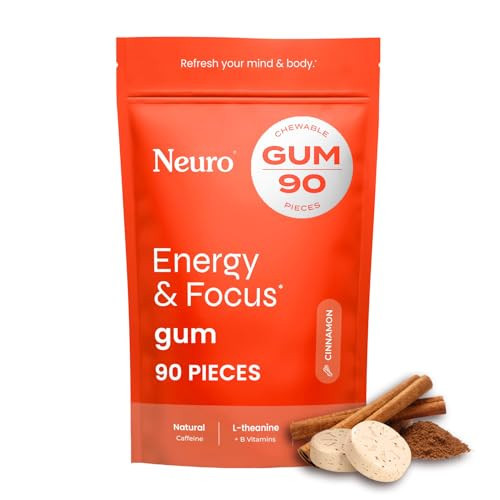 Neuro Energy & Focus Gum - 40mg Natural Caffeine Gum & Nootropic Energy Supplement with L-Theanine & B Vitamins - Sugar Free, Vegan - Cinnamon, 90ct | Amazon (US)