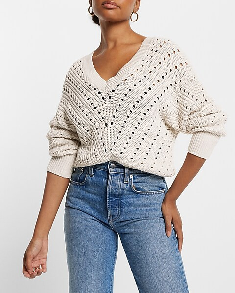 Open Stitch Double V-neck Dolman Sleeve Sweater | Express