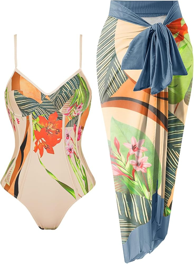 Womens One Piece Swimsuit with Cover Up Sarong Wrap Floral Bathing Suits 1 Piece Swim Suit with B... | Amazon (US)