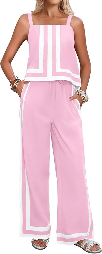 Tankaneo Womens 2 Piece Lounge Set Summer Casual Color Block Cami Top Wide Leg Pants Set Beach Va... | Amazon (US)
