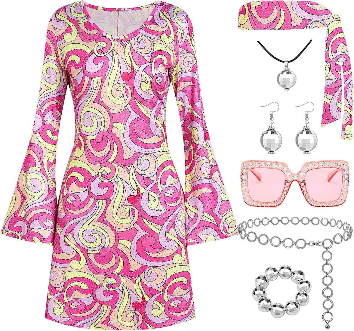 TopTok 70s Disco Outfit Women, 7 PCS 70's Disco Dress Costume Hippie Clothes Accessories Jewelry ... | Amazon (US)