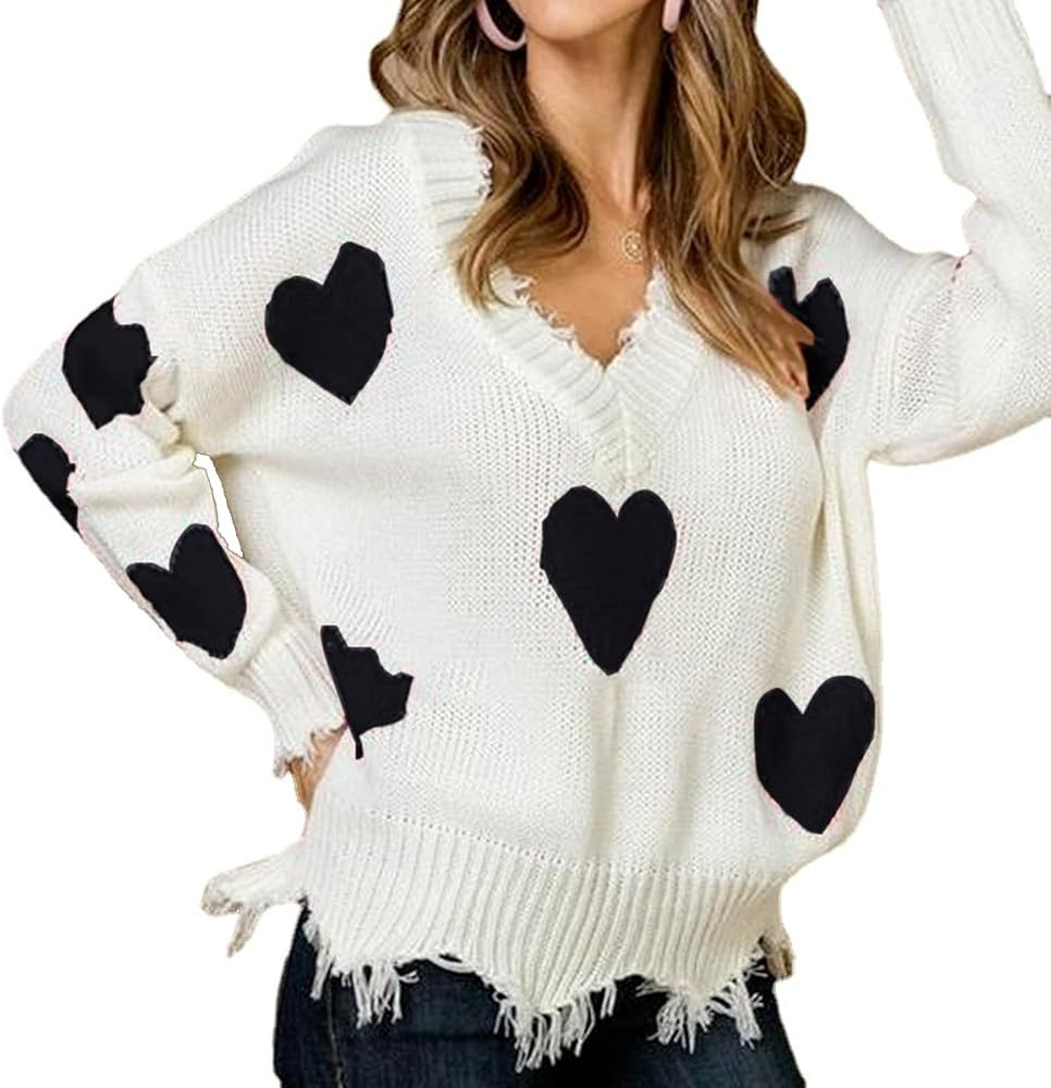 Women's Sexy V-Neck Knitted Sweater Hearts Printed Ripped Pullover Tops Long Sleeve Valentine's Day  | Amazon (US)