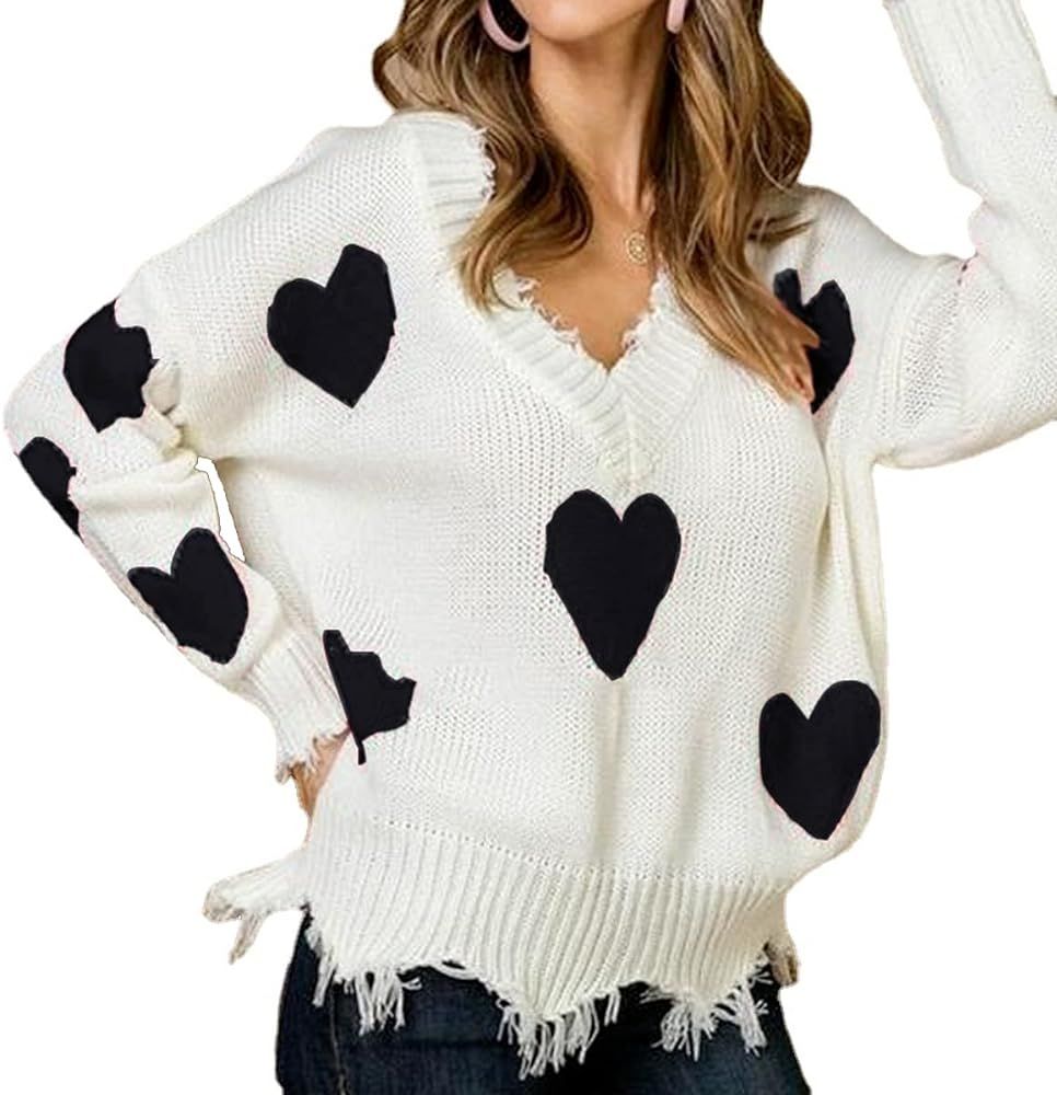 Women's Sexy V-Neck Knitted Sweater Hearts Printed Ripped Pullover Tops Long Sleeve Valentine's Day  | Amazon (US)