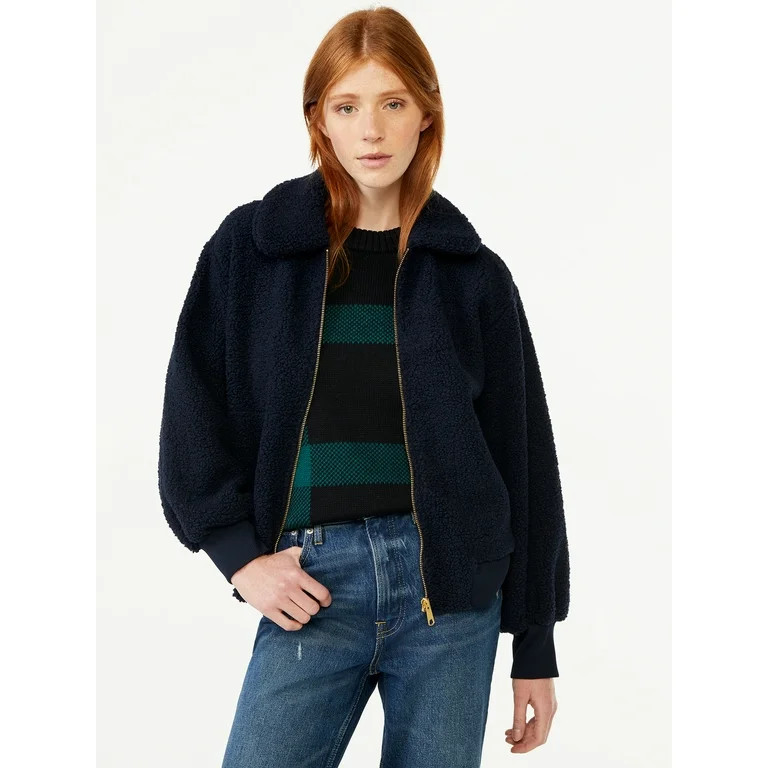 Free Assembly Women's Zip Front Teddy Bomber Jacket | Walmart (US)