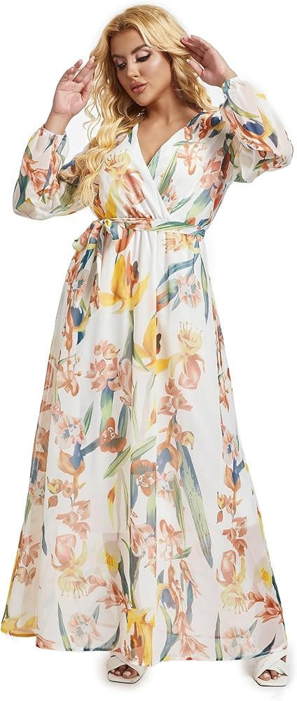 lvenzse Womens Maxi Dress Boho Chiffon Floral Printed V-Neck Long Dresses | Amazon (US)