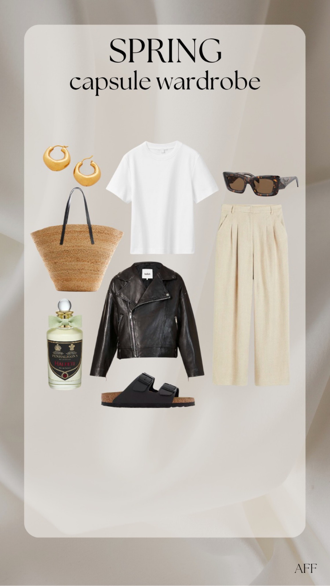 Spring capsule wardrobe outfit ideas - monica vinader gold chunky hoops, mango basket bag, penhaligons halfeti perfume, black Birkenstock Arizona sandals, black leather jacket, cos white t shirt, Gucci sunglasses & H&M wide leg tailored beige trousers. 

#LTKeurope #LTKstyletip #LTKSeasonal