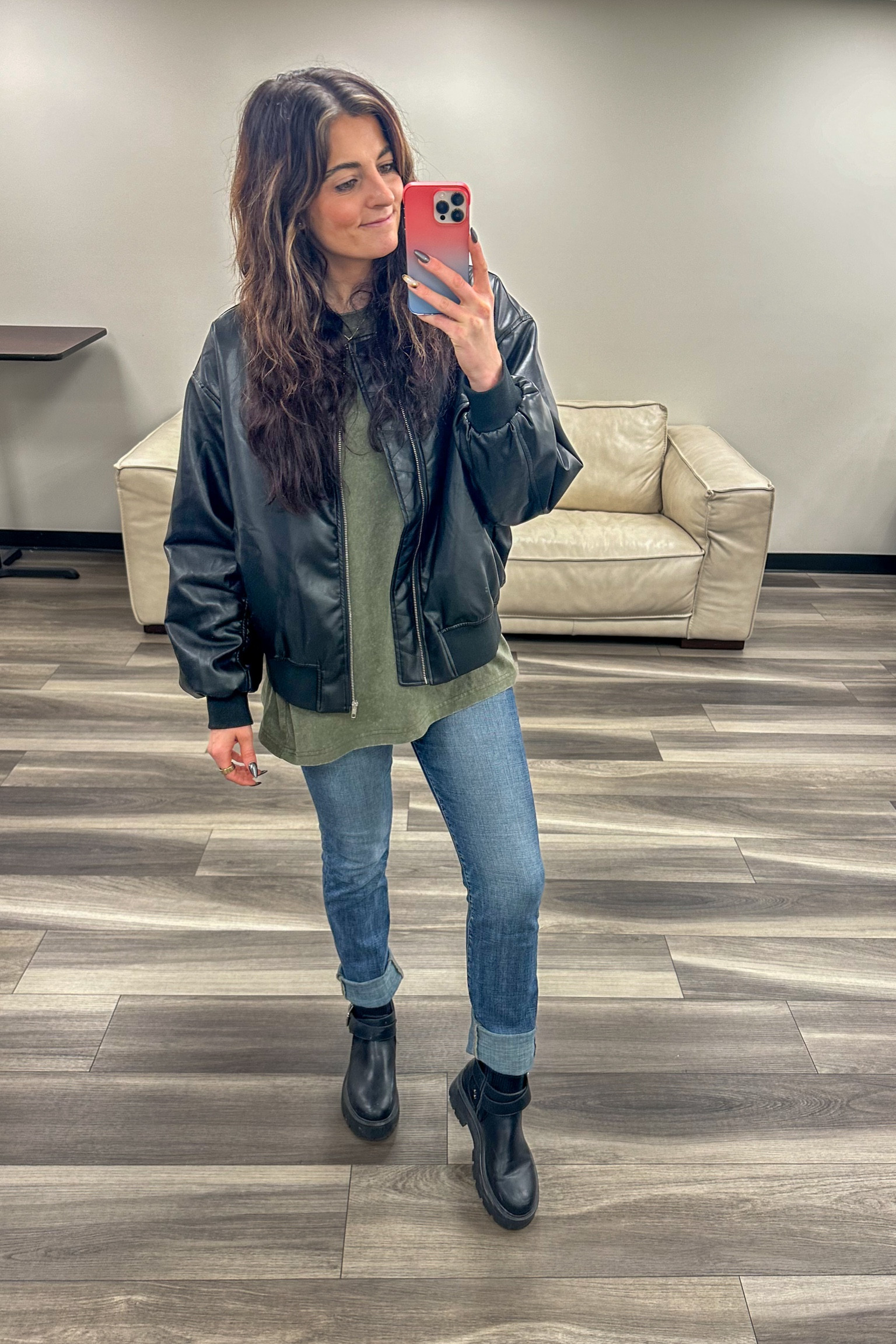 Biker chic 🤷🏽‍♀️ #workoutfit #workfashion #fallfit #falloutfit #leatherjacket #boots #combatboots 

#LTKShoeCrush #LTKFindsUnder50 #LTKStyleTip