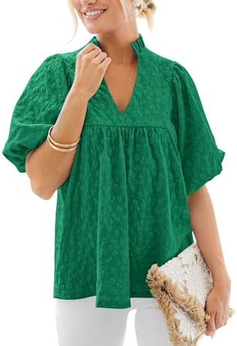 MASCOMODA Womens Summer Tops 2026 Ruffle V Neck Blouses Loose Puff Short Sleeve Jacquard Babydoll... | Amazon (US)