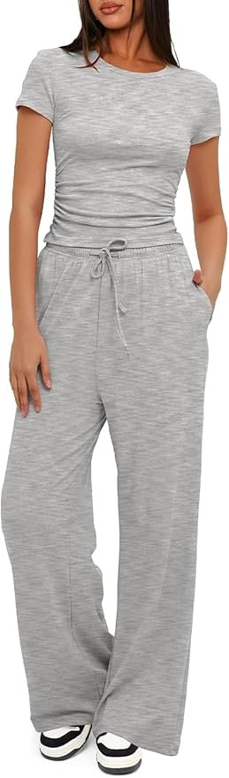 Darong Women's 2 Piece Outfits Lounge Sets Ruched Short Sleeve Tops High Waisted Wide Leg Pants T... | Amazon (US)