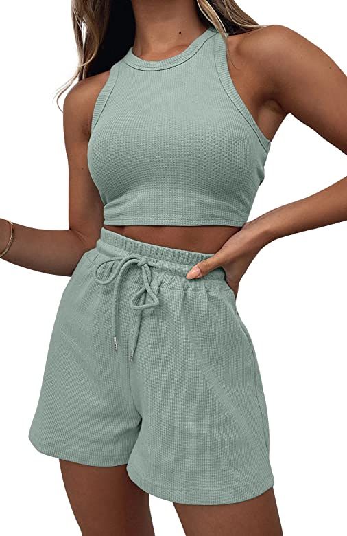 Lingswallow 2 Piece Women Lounge Sets - Sleeveless Crop Top and Shorts Waffle Lounge Set Tracksui... | Amazon (US)